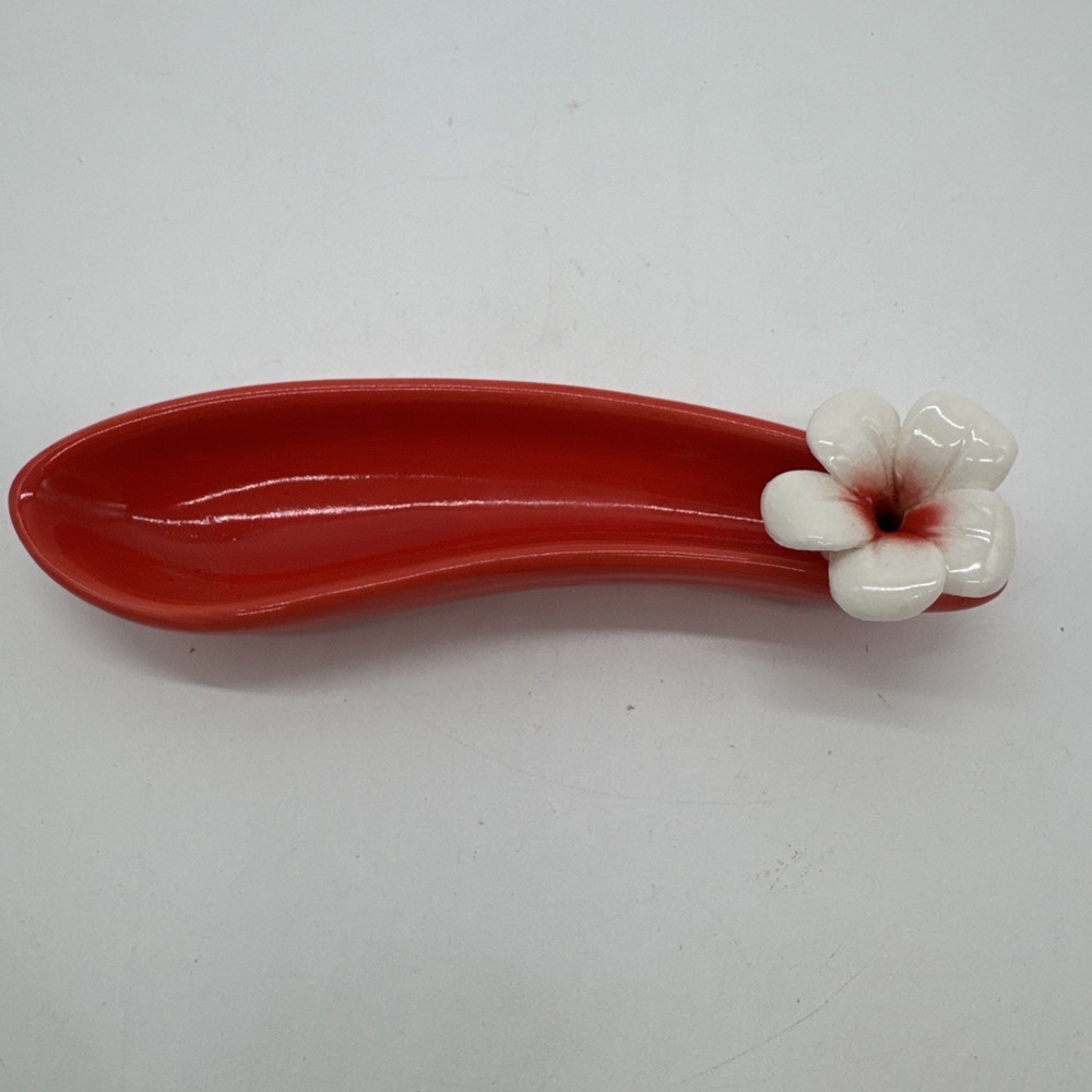 Vintage Red White Tropical Flower Spoon Rest Trinket Dish Hawaiian Style Small